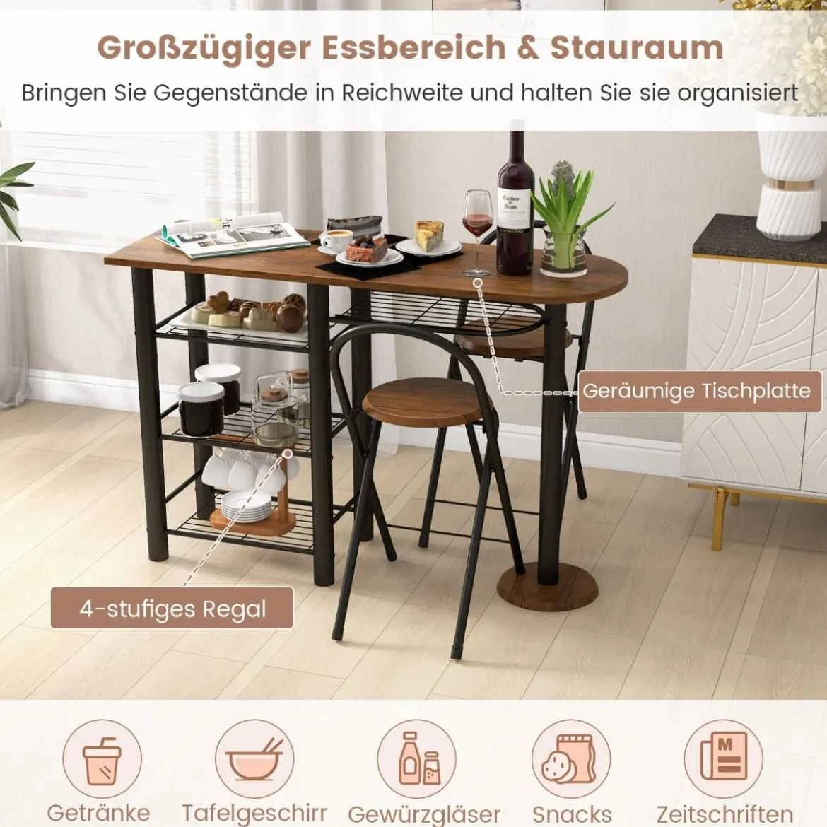 Bartisch mit 2 Klappbaren Barhockern & Regalen 2 Personen Küchentheke mit Regalen Braun