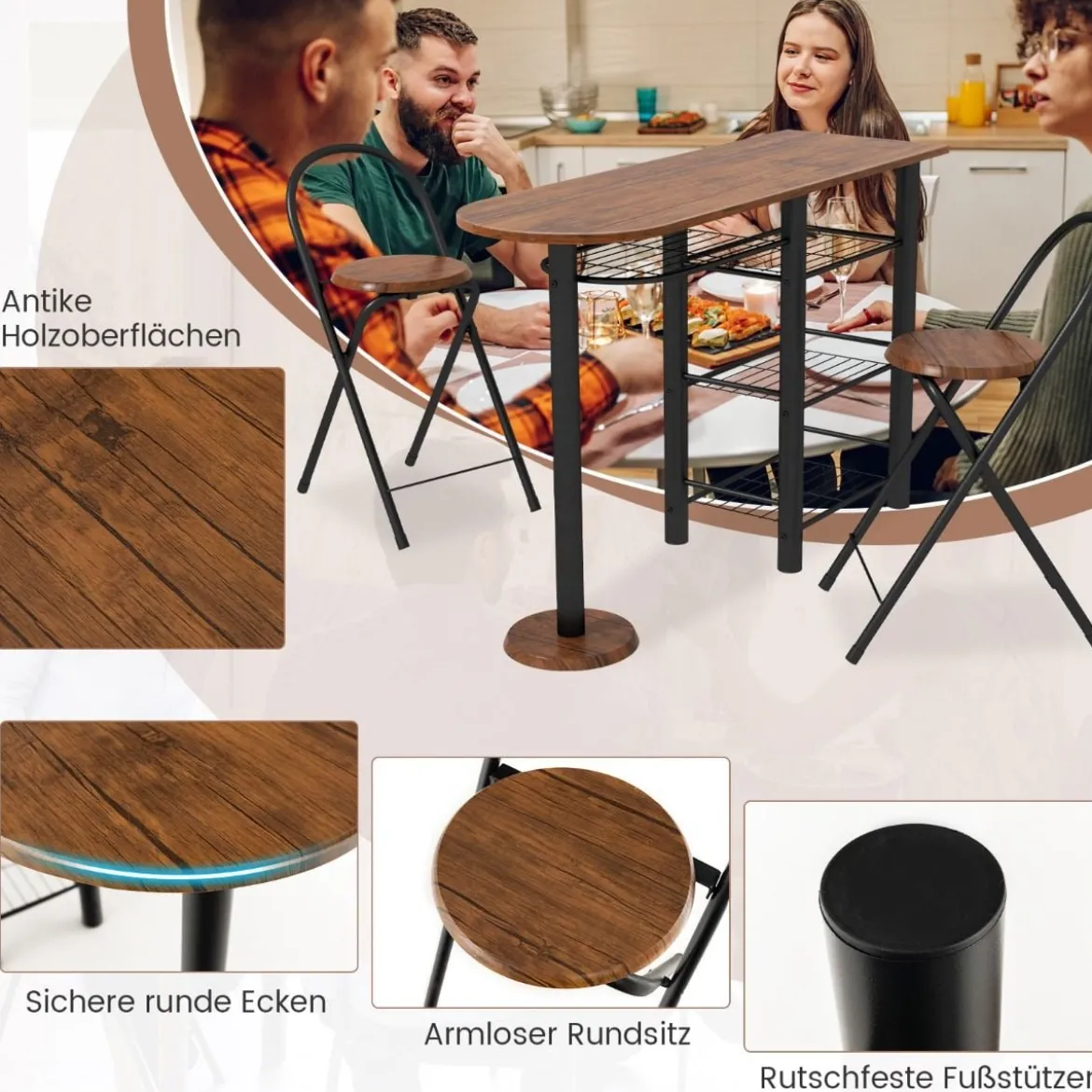 Bartisch mit 2 Klappbaren Barhockern & Regalen 2 Personen Küchentheke mit Regalen Braun