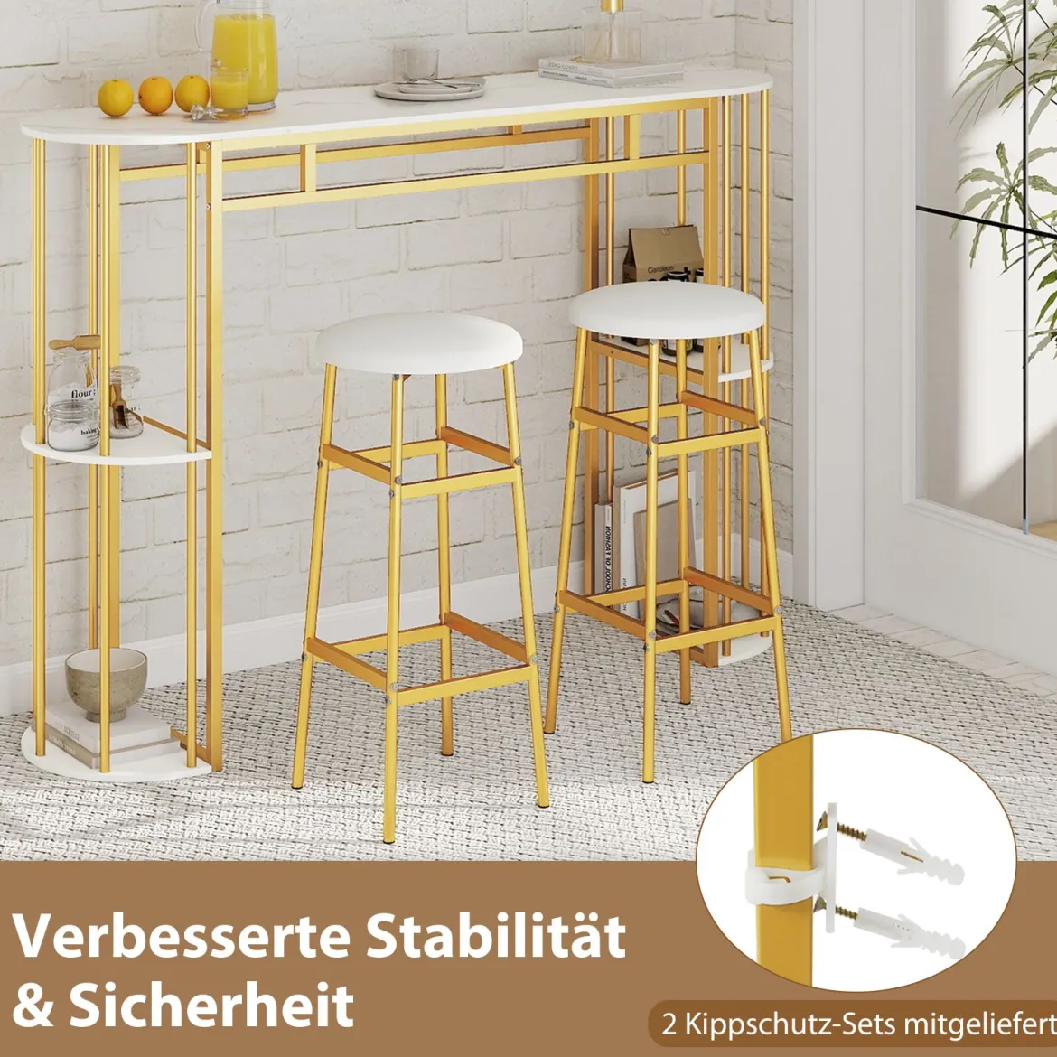 Bartisch mit Stauraum Stehtisch in Marmor-Optik Moderne Küchentheke mit 4 Halbrunde Regale Weiß