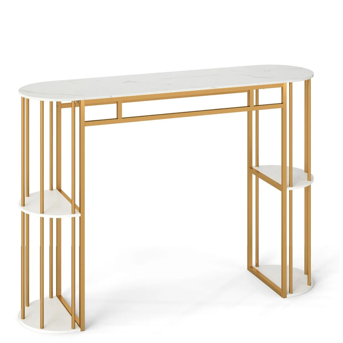 Bartisch mit Stauraum Stehtisch in Marmor-Optik Moderne Küchentheke mit 4 Halbrunde Regale Weiß