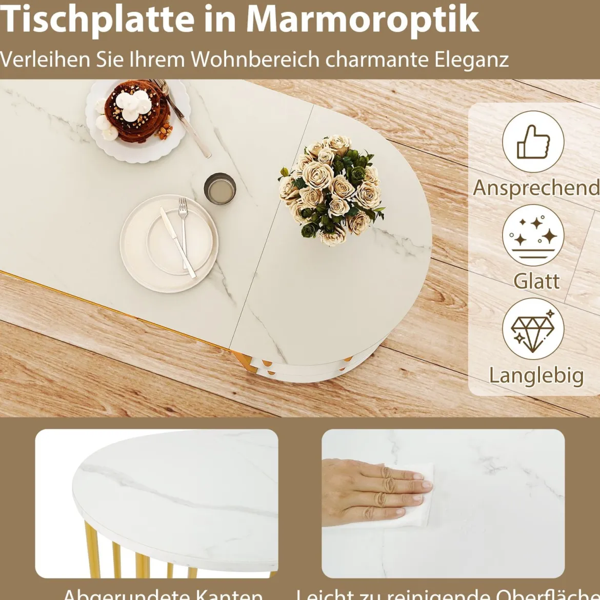 Bartisch mit Stauraum Stehtisch in Marmor-Optik Moderne Küchentheke mit 4 Halbrunde Regale Weiß