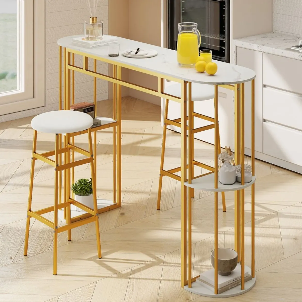 Bartisch mit Stauraum Stehtisch in Marmor-Optik Moderne Küchentheke mit 4 Halbrunde Regale Weiß