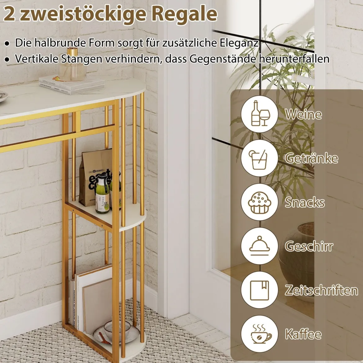 Bartisch mit Stauraum Stehtisch in Marmor-Optik Moderne Küchentheke mit 4 Halbrunde Regale Weiß