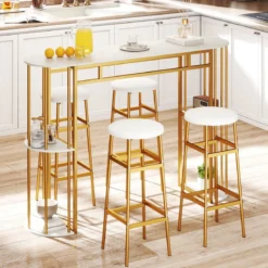 Bartisch mit Stauraum Stehtisch in Marmor-Optik Moderne Küchentheke mit 4 Halbrunde Regale Weiß