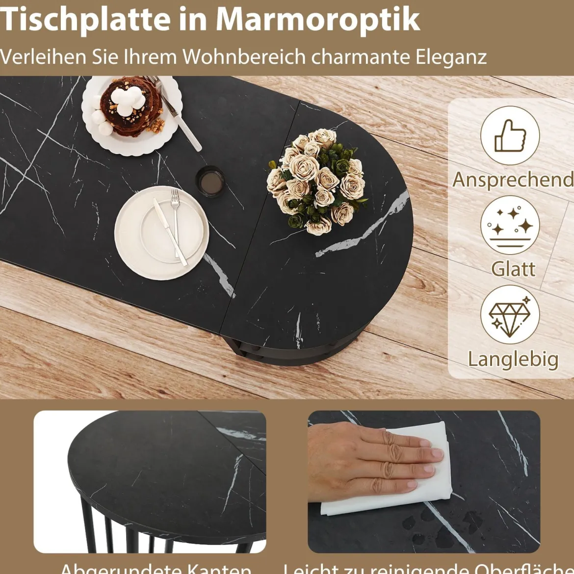 Bartisch mit Stauraum Stehtisch in Marmor-Optik Moderne Küchentheke mit 4 Halbrunde Regale Schwarz