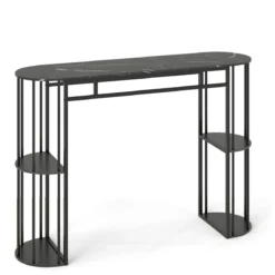 Bartisch mit Stauraum Stehtisch in Marmor-Optik Moderne Küchentheke mit 4 Halbrunde Regale Schwarz