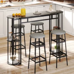 Bartisch mit Stauraum Stehtisch in Marmor-Optik Moderne Küchentheke mit 4 Halbrunde Regale Schwarz