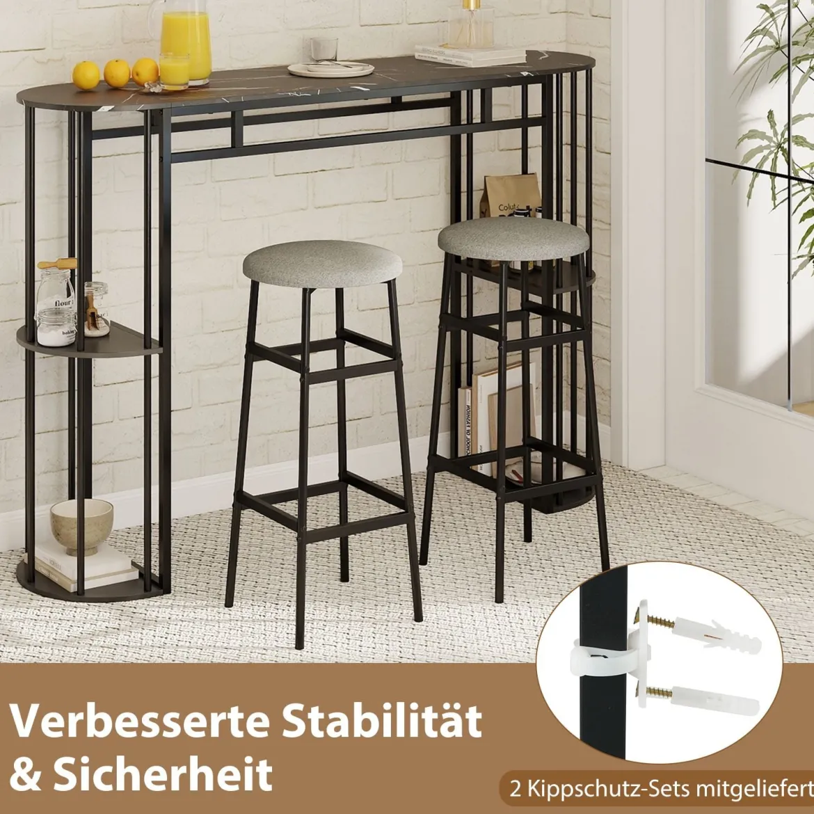 Bartisch mit Stauraum Stehtisch in Marmor-Optik Moderne Küchentheke mit 4 Halbrunde Regale Schwarz