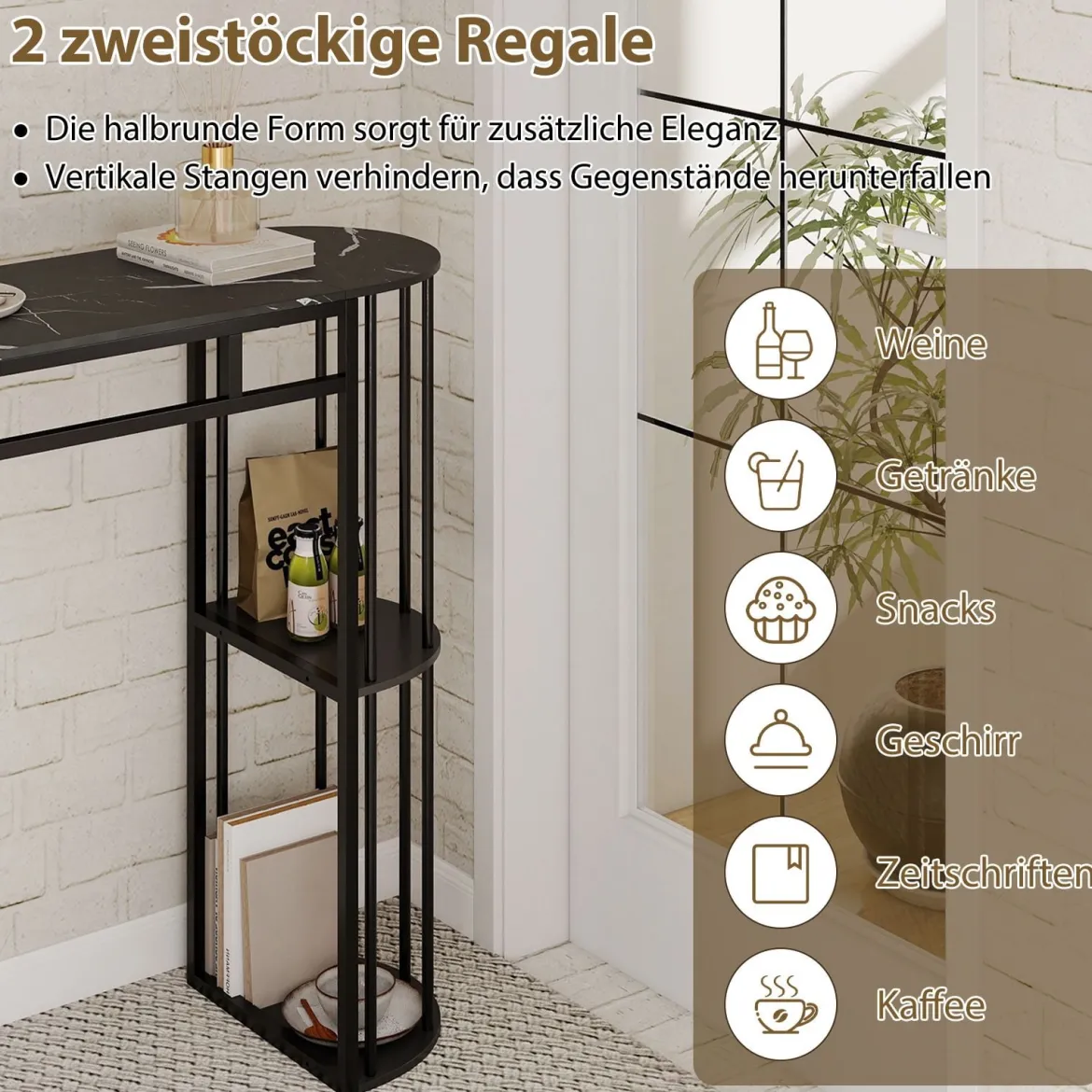 Bartisch mit Stauraum Stehtisch in Marmor-Optik Moderne Küchentheke mit 4 Halbrunde Regale Schwarz