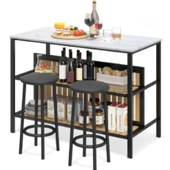Bartisch Set 3-teilige Essgruppe in Edler Marmoroptik Stehtisch mit 2 Barhockern