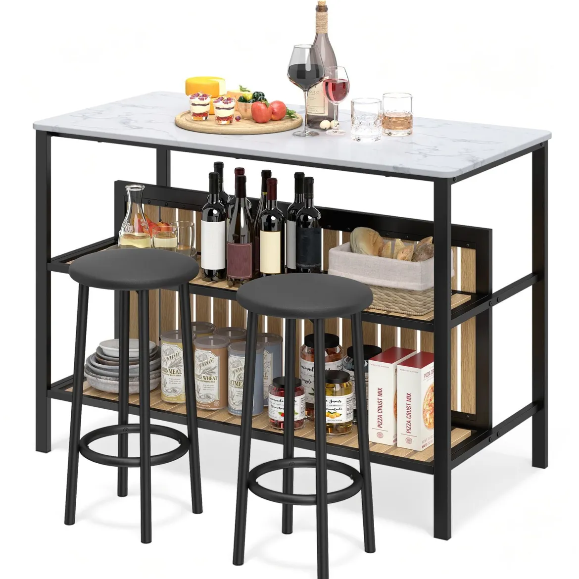Bartisch Set 3-teilige Essgruppe in Edler Marmoroptik Stehtisch mit 2 Barhockern