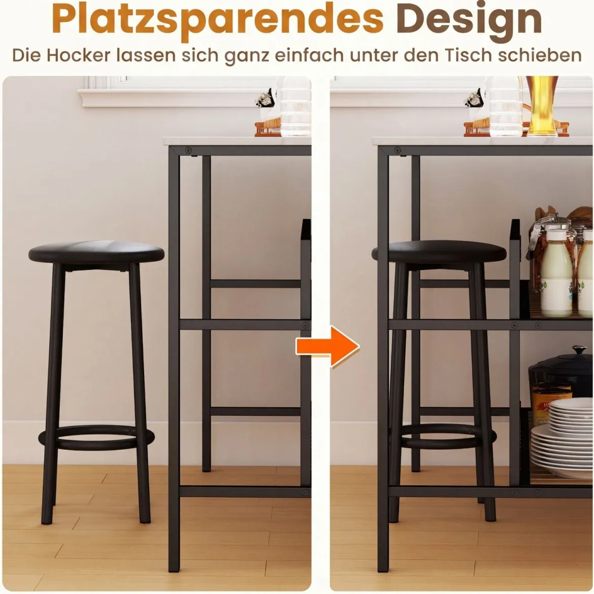 Bartisch Set 3-teilige Essgruppe in Edler Marmoroptik Stehtisch mit 2 Barhockern