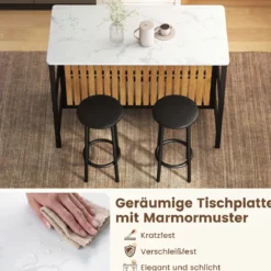 Bartisch Set 3-teilige Essgruppe in Edler Marmoroptik Stehtisch mit 2 Barhockern