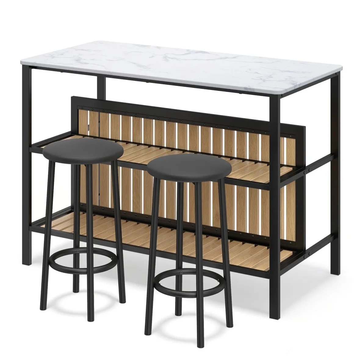 Bartisch Set 3-teilige Essgruppe in Edler Marmoroptik Stehtisch mit 2 Barhockern