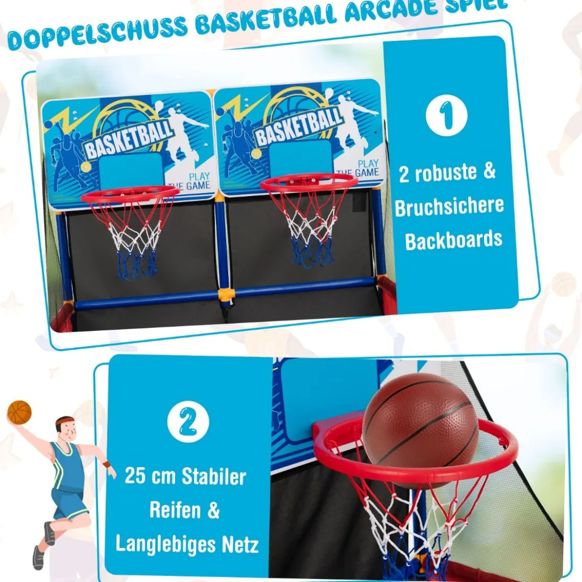 Basketball-Arcade-Spiel für Kinder Basketballständer mit 2 Körben 90 x 90 x 140 cm