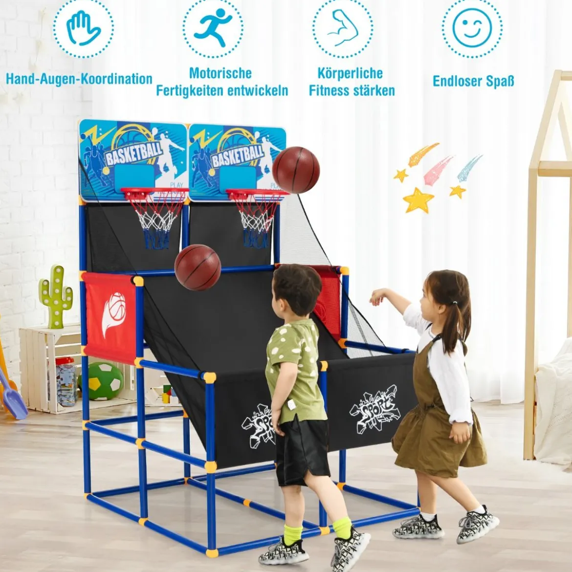 Basketball-Arcade-Spiel für Kinder Basketballständer mit 2 Körben 90 x 90 x 140 cm