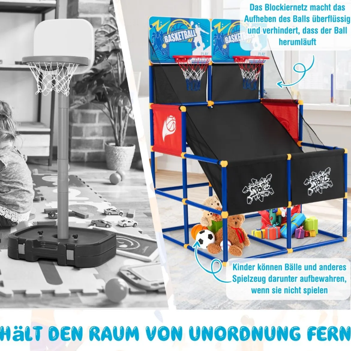 Basketball-Arcade-Spiel für Kinder Basketballständer mit 2 Körben 90 x 90 x 140 cm