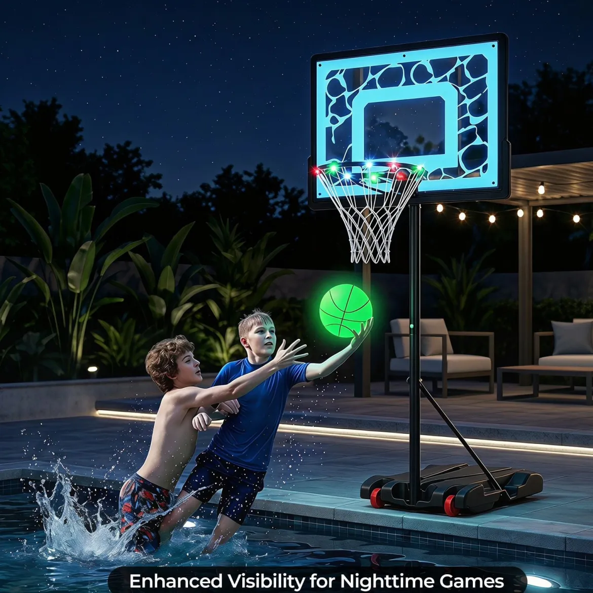 Basketballkorb 164–193cm Höhenverstellbar Basketballständer mit LED-Lichterkette Befüllbarem Standfuß