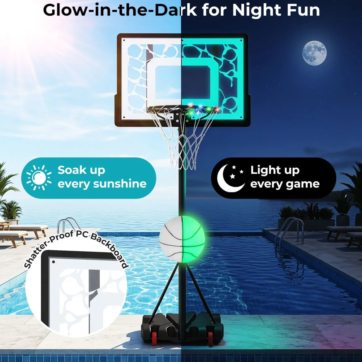 Basketballkorb 164–193cm Höhenverstellbar Basketballständer mit LED-Lichterkette Befüllbarem Standfuß