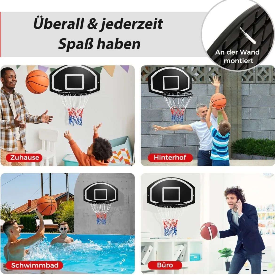 Basketballkorb Indoor Ø 40cm Mini Basketball Korb für Tür & Wandmontage Schwarz