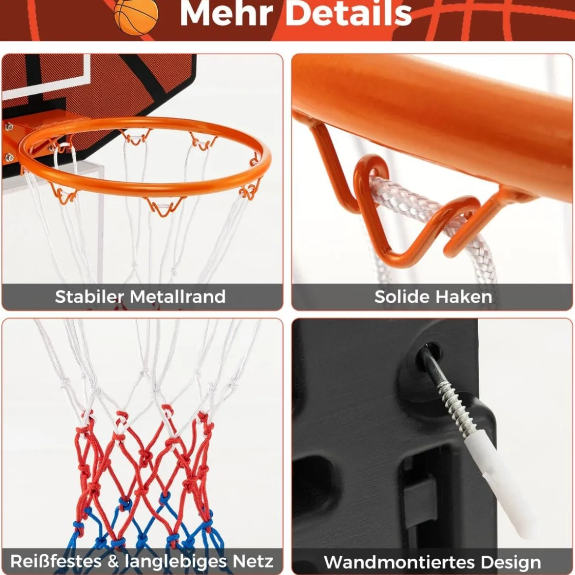 Basketballkorb Indoor Mini Basketball Korb für Wandmontage 66 x 44,5 cm Rückenwand Schwarz + Rot