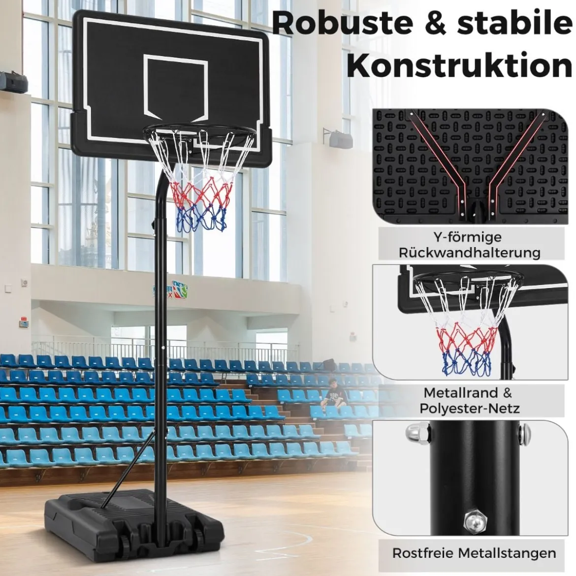 Basketballkorb Outdoor Basketballständer 210-260 cm höhenverstellbar auf Rädern Schwarz
