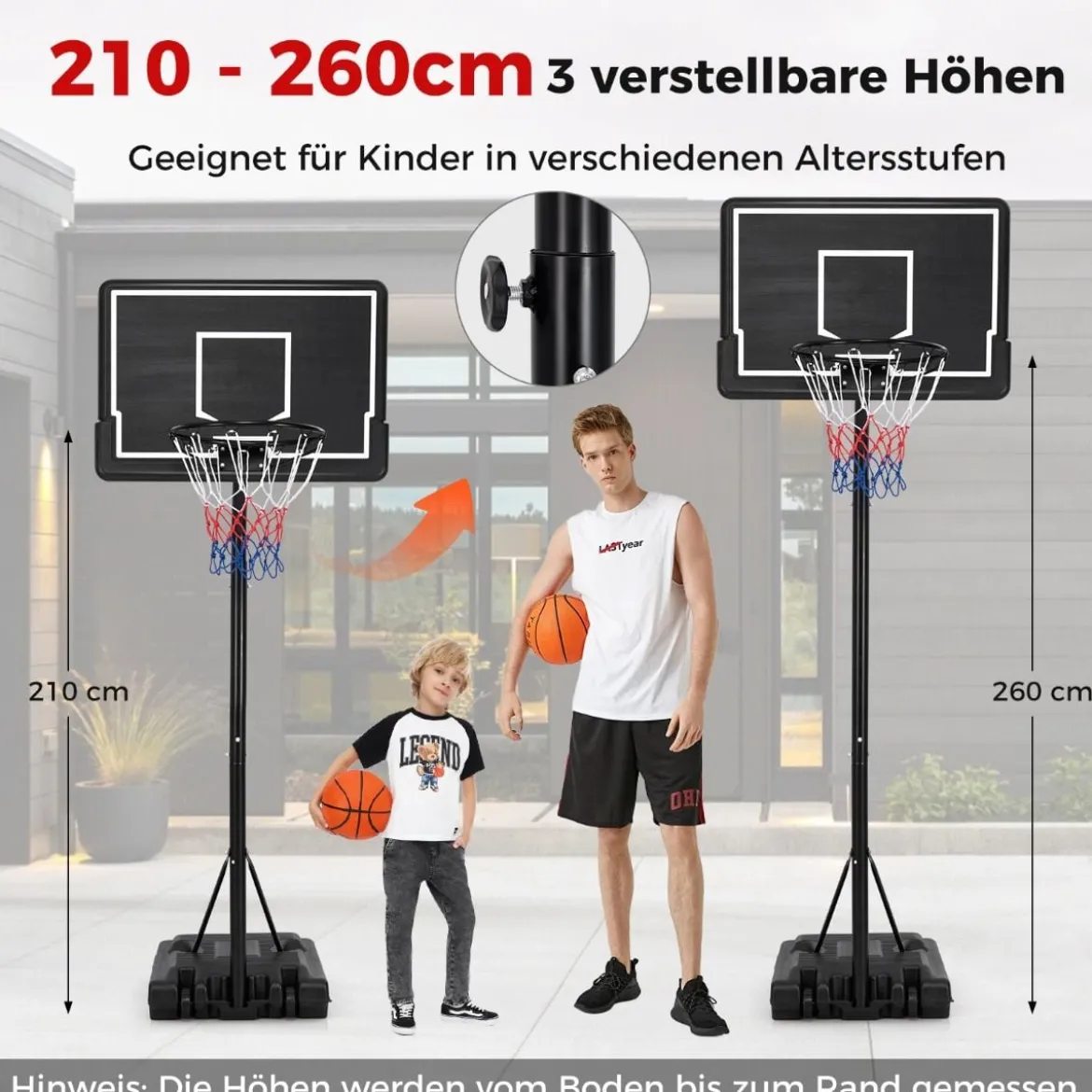 Basketballkorb Outdoor Basketballständer 210-260 cm höhenverstellbar auf Rädern Schwarz