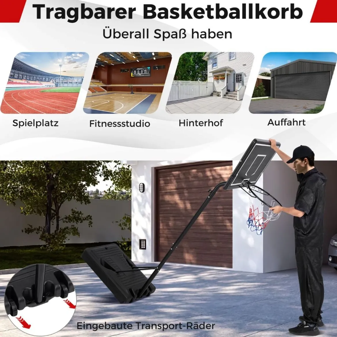 Basketballkorb Outdoor Basketballständer 210-260 cm höhenverstellbar auf Rädern Schwarz