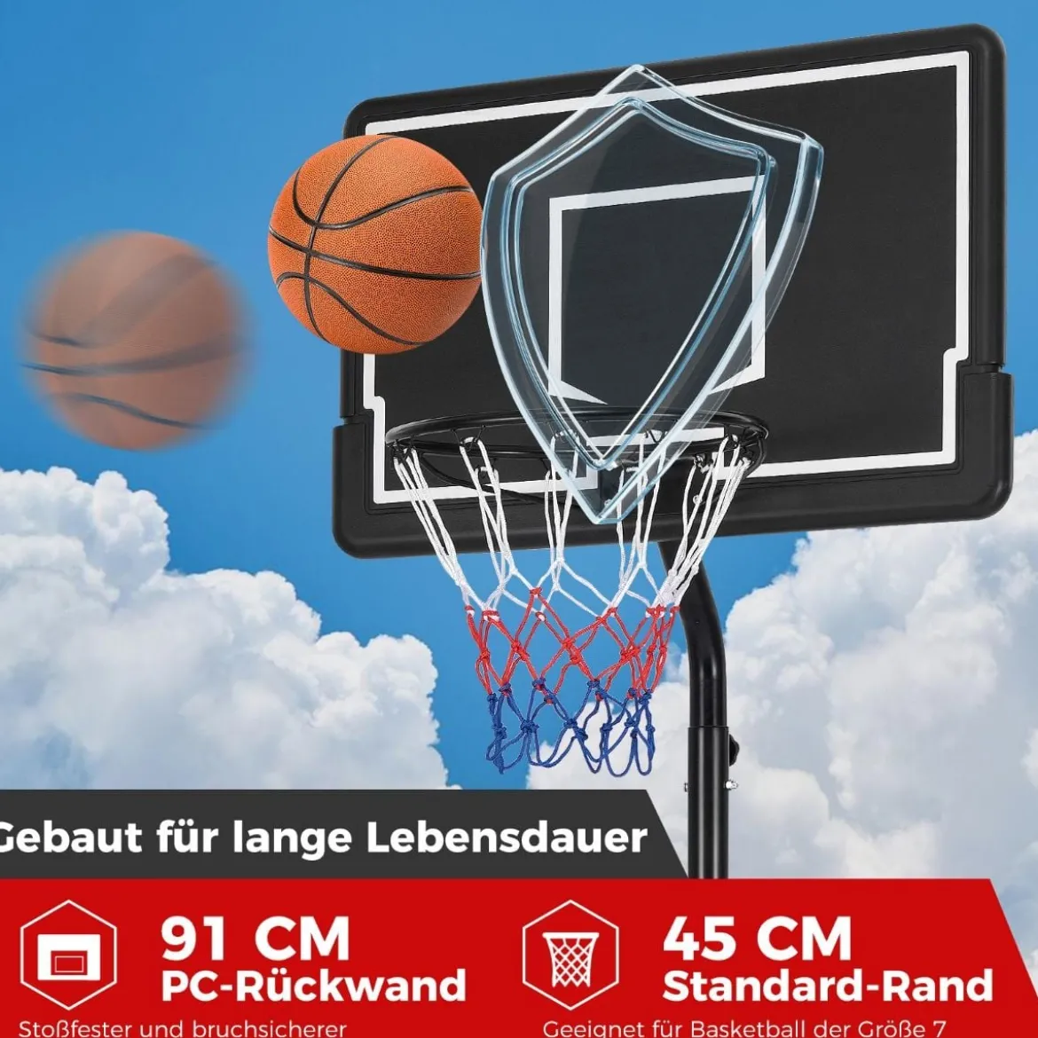 Basketballkorb Outdoor Basketballständer 210-260 cm höhenverstellbar auf Rädern Schwarz