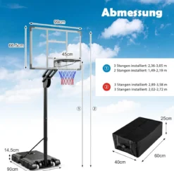 Basketballkorb Outdoor 135/143-305 cm Höhenverstellbarer Basketballständer mit 2 Rädern