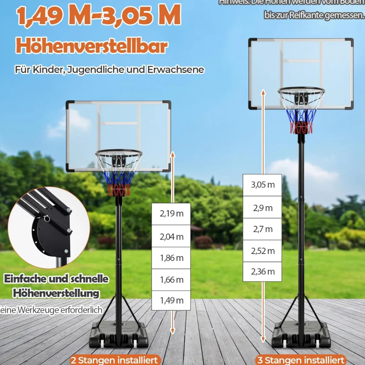 Basketballkorb Outdoor 135/143-305 cm Höhenverstellbarer Basketballständer mit 2 Rädern
