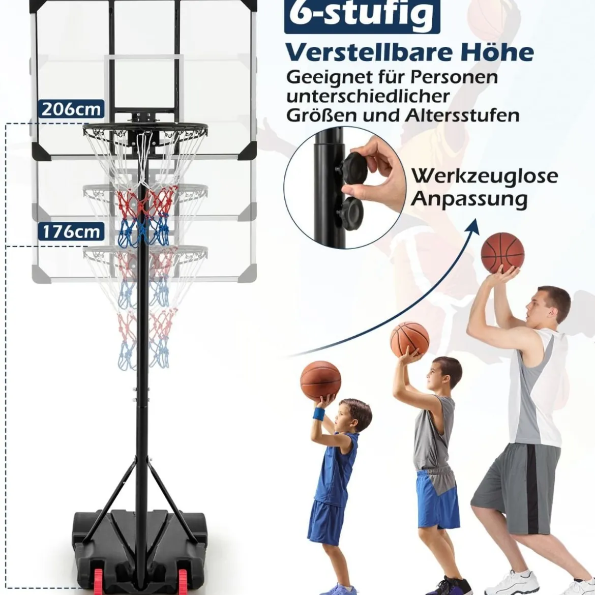 Basketballlkorb outdoor Basketballständer 176-206 cm höhenverstellbar mobile Korbanlage mit Rückwand Schwarz