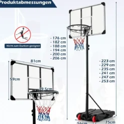 Basketballlkorb outdoor Basketballständer 176-206 cm höhenverstellbar mobile Korbanlage mit Rückwand Schwarz
