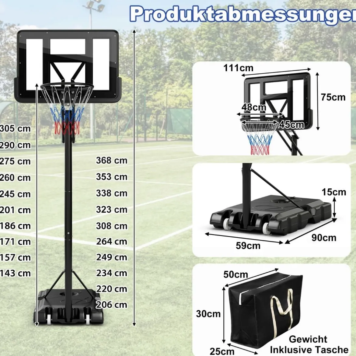 Basketballständer 245-305 cm Höhenverstellbar Basketballkorb mit Ständer Schwarz