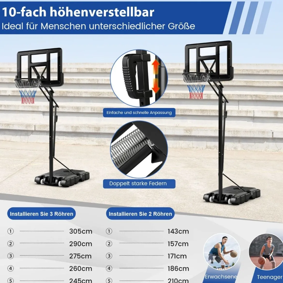 Basketballständer 245-305 cm Höhenverstellbar Basketballkorb mit Ständer Schwarz