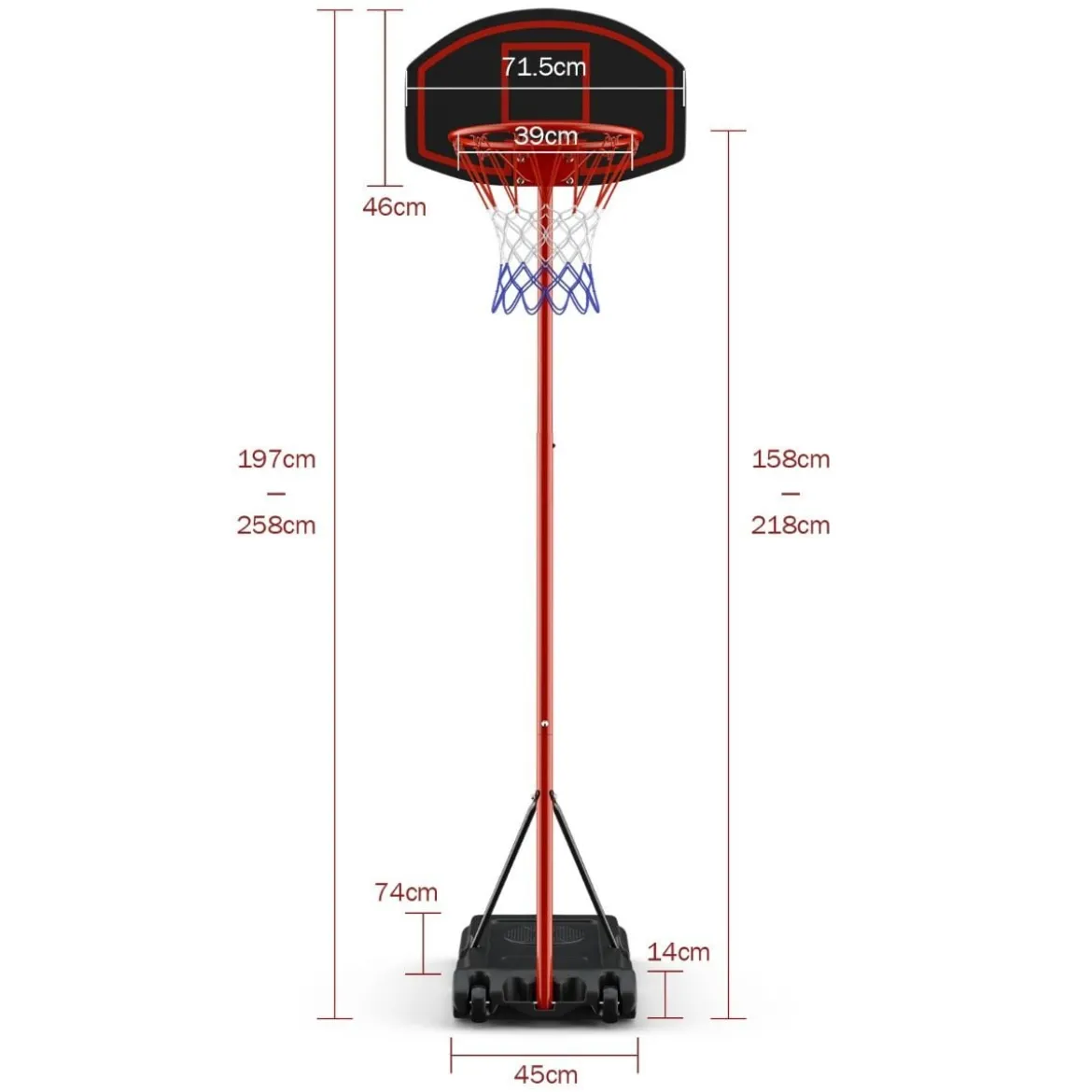 Basketballständer 158 - 218 cm höhenverstellbar Basketballkorb mit Ständer Schwarz + Rot