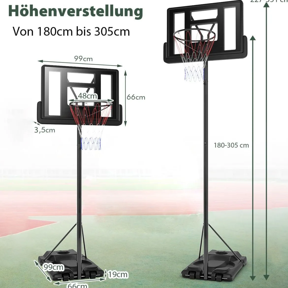 Basketballständer 180-305 cm Höhenverstellbar Basketballkorb mit Ständer & 2 Rädern Korbanlage für Kinder