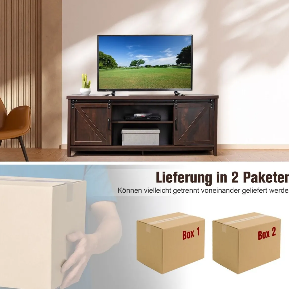 Bauernhaus-TV-Ständer mit Schiebetüren für Fernseher bis 65 Zoll 150 x 40 x 60 cm Braun