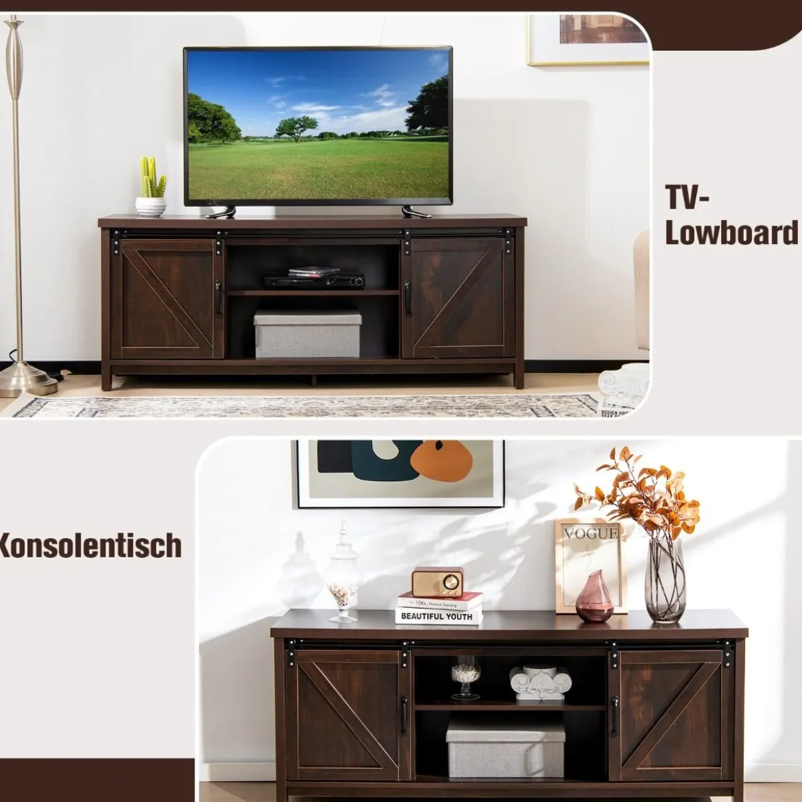 Bauernhaus-TV-Ständer mit Schiebetüren für Fernseher bis 65 Zoll 150 x 40 x 60 cm Braun