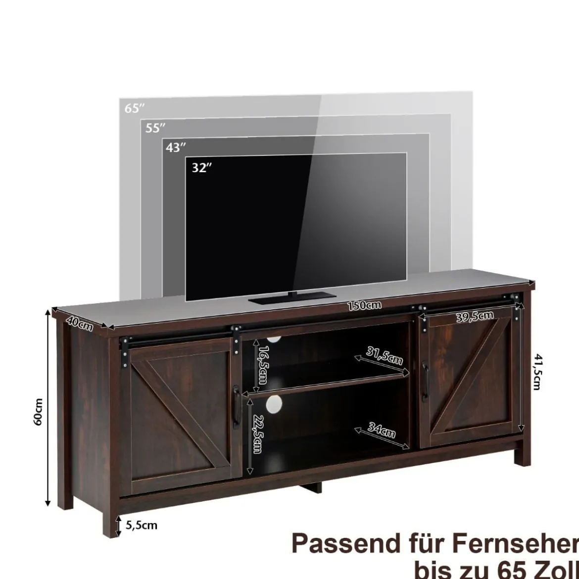 Bauernhaus-TV-Ständer mit Schiebetüren für Fernseher bis 65 Zoll 150 x 40 x 60 cm Braun