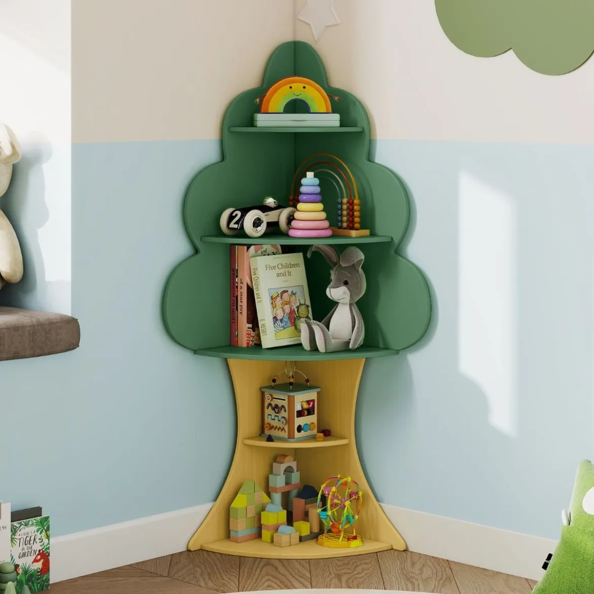 Baum-Design Kinder Bücherregal aus Holz 5 Ebenen Kinderregal Spielzeugregal Grün