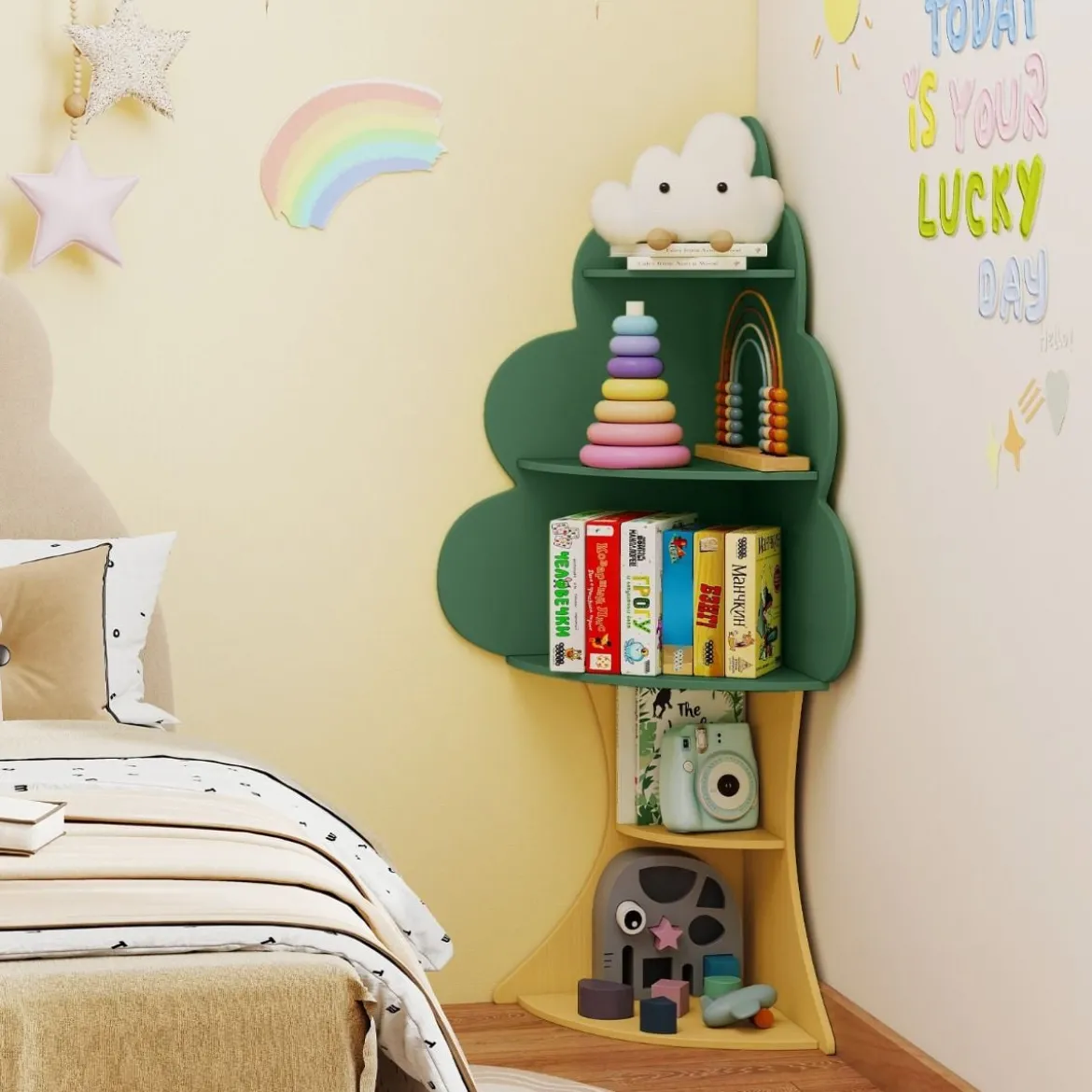 Baum-Design Kinder Bücherregal aus Holz 5 Ebenen Kinderregal Spielzeugregal Grün