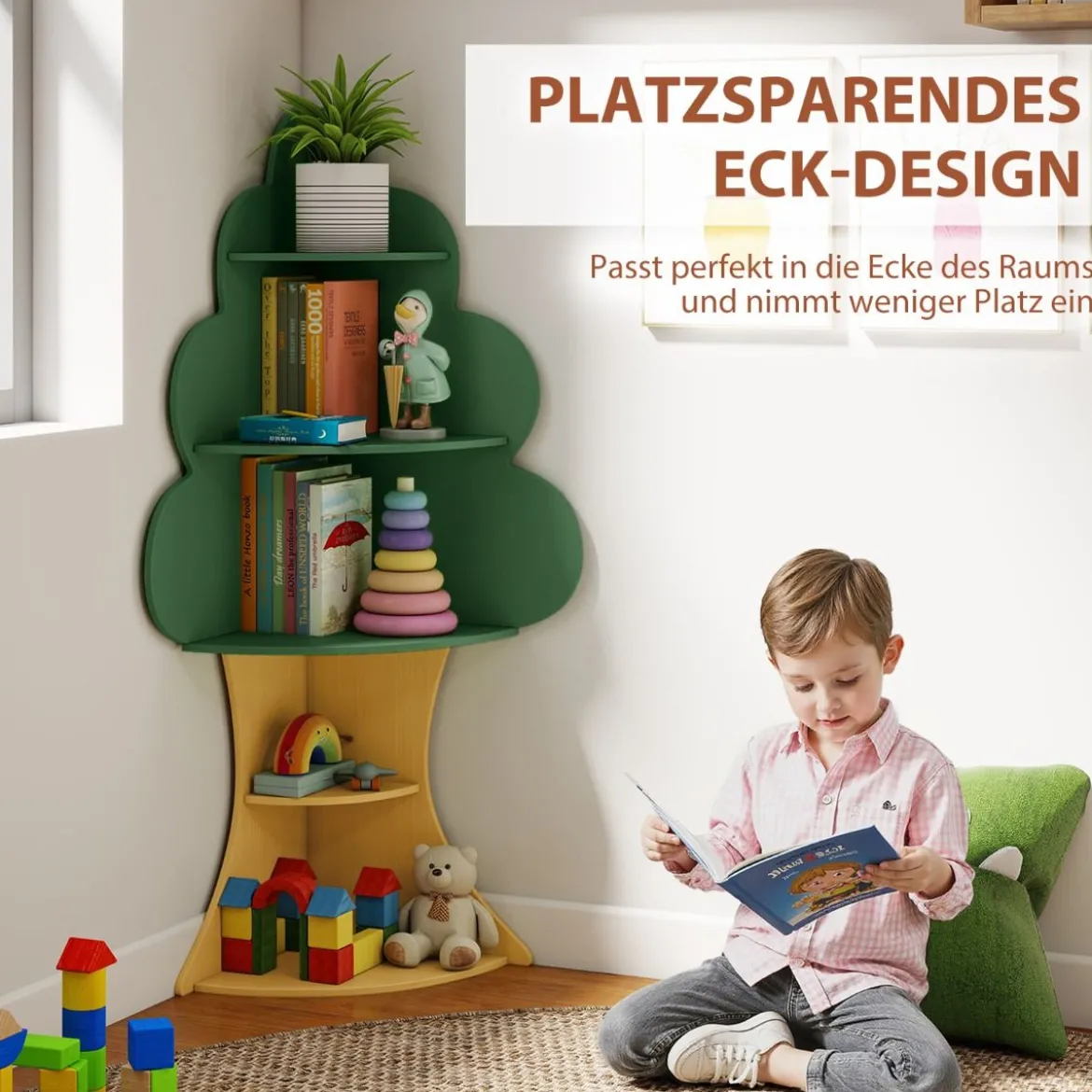 Baum-Design Kinder Bücherregal aus Holz 5 Ebenen Kinderregal Spielzeugregal Grün