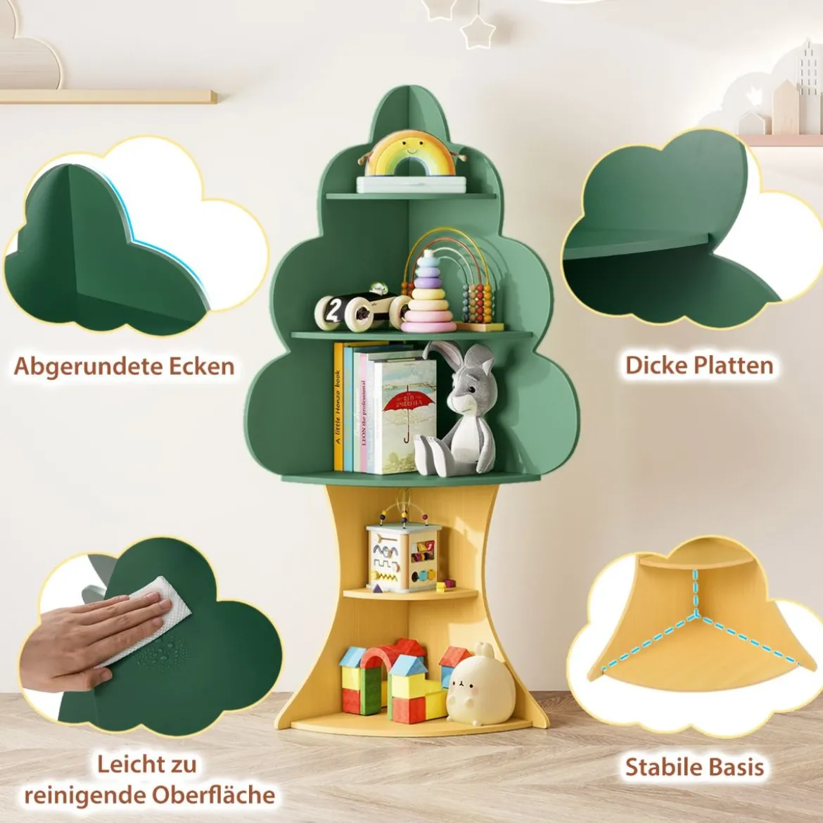 Baum-Design Kinder Bücherregal aus Holz 5 Ebenen Kinderregal Spielzeugregal Grün