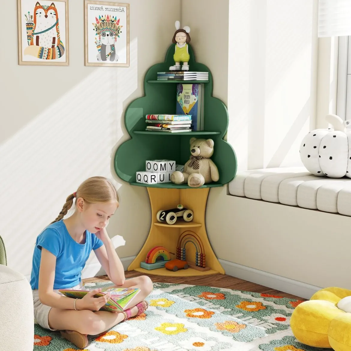 Baum-Design Kinder Bücherregal aus Holz 5 Ebenen Kinderregal Spielzeugregal Grün