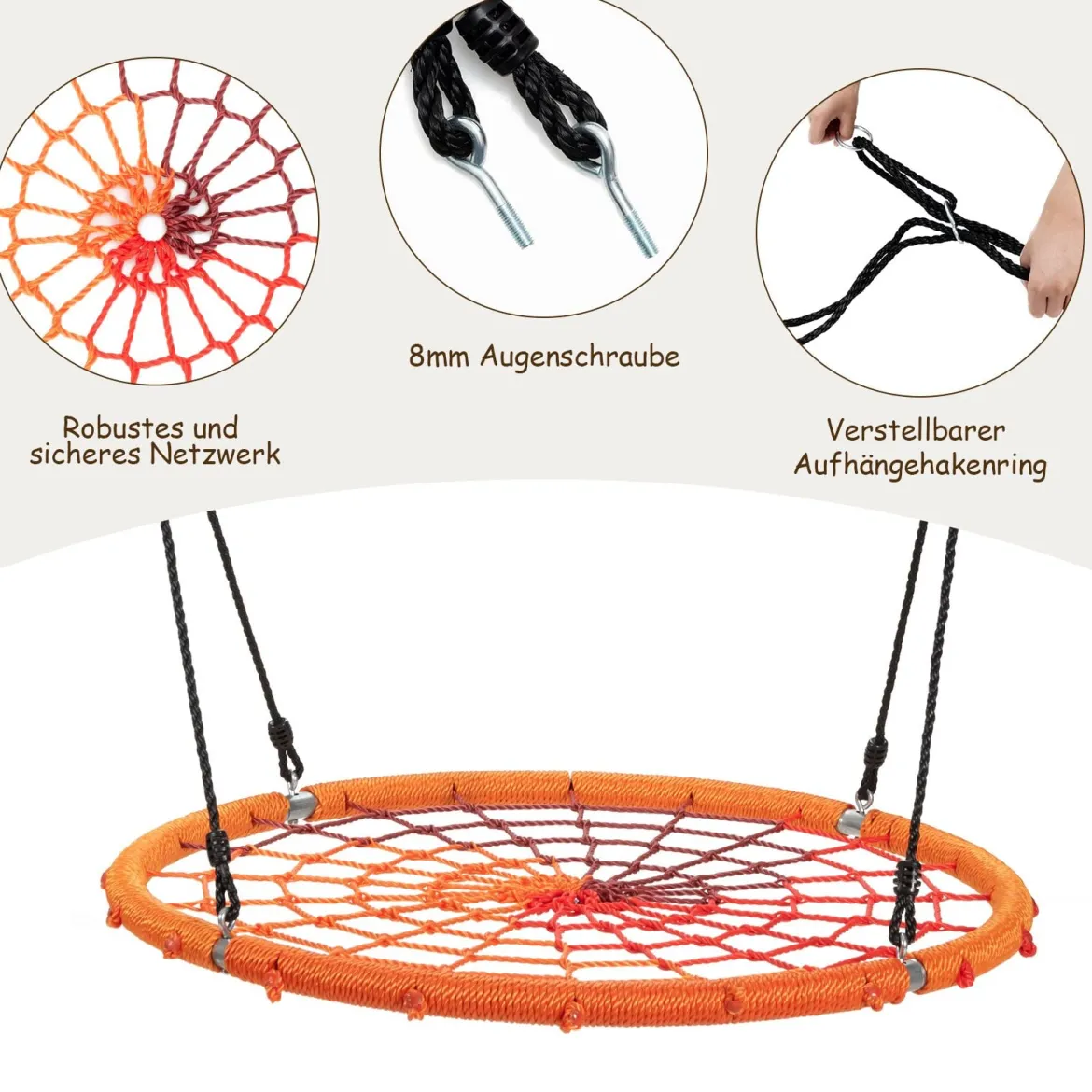 Baumschaukel Ø100cm Nestschaukel Spinnennetz Kinderschaukel Tellerschaukel Hängeschaukel Orange