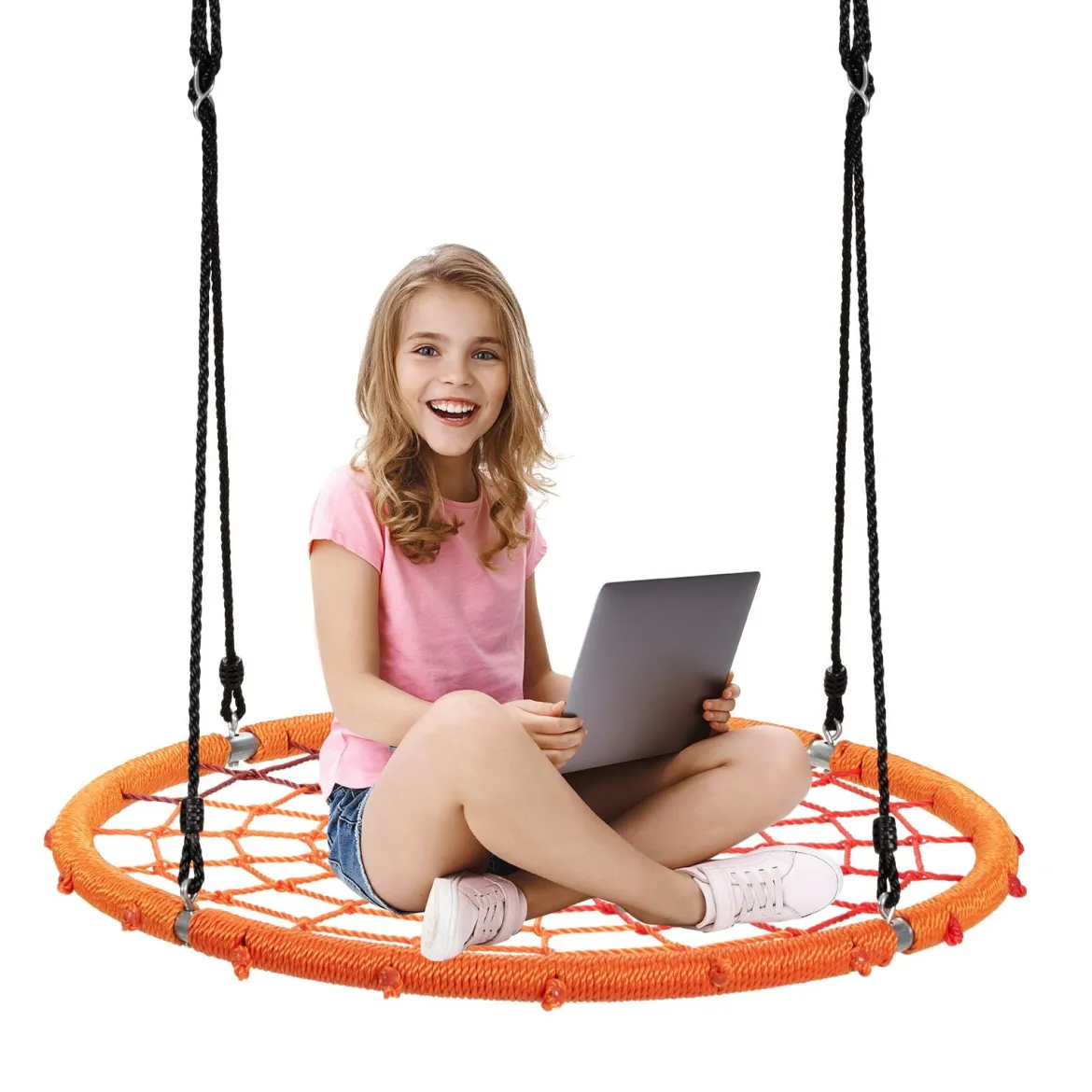 Baumschaukel Ø100cm Nestschaukel Spinnennetz Kinderschaukel Tellerschaukel Hängeschaukel Orange