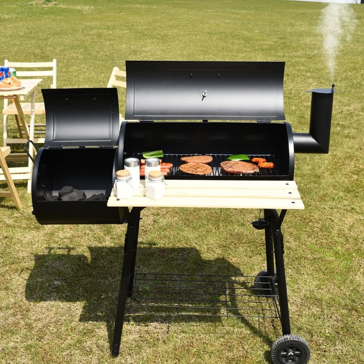 BBQ-Holzkohlegrill mit Rädern Grillwagen mit Deckel Outdoor-Grill 115 x 65 x 108 cm Schwarz