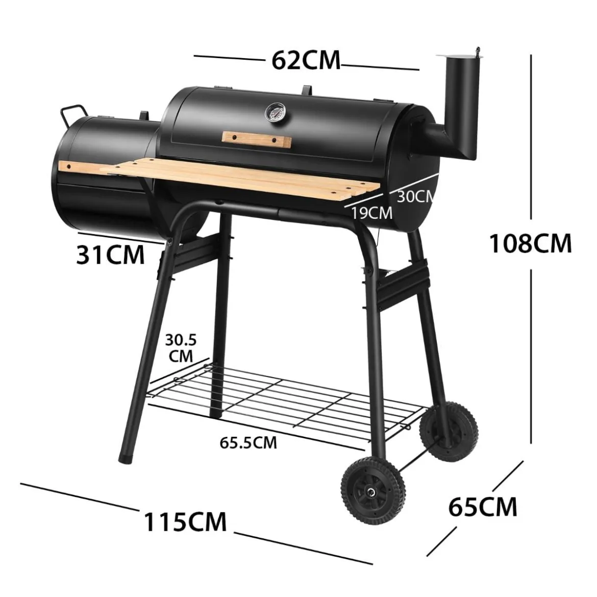 BBQ-Holzkohlegrill mit Rädern Grillwagen mit Deckel Outdoor-Grill 115 x 65 x 108 cm Schwarz