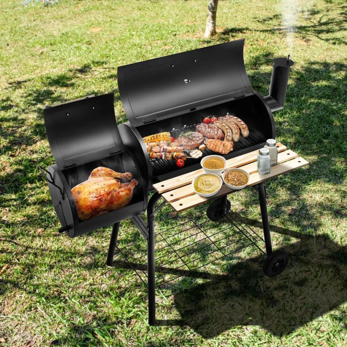 BBQ-Holzkohlegrill mit Rädern Grillwagen mit Deckel Outdoor-Grill 115 x 65 x 108 cm Schwarz